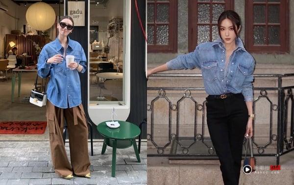 衬衫穿搭攻略!从白衬衫到牛仔衬衫,20大实用搭法+80种穿搭时髦范本,轻松驾驭! 内容图16 新潮社-实时最新热点娱乐时尚美妆等新闻资讯网站! 两位女子示范牛仔衬衫混搭穿搭,将休闲的牛仔衬衫搭配灰色或黑色西装裤,营造率性与正式感结合的冲突美感。