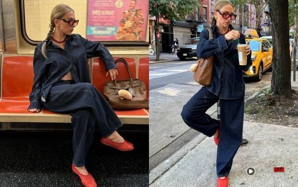 衬衫穿搭攻略!从白衬衫到牛仔衬衫,20大实用搭法+80种穿搭时髦范本,轻松驾驭! 内容图13 新潮社-实时最新热点娱乐时尚美妆等新闻资讯网站! 一名女子示范 Denim on Denim 穿搭,以浅蓝色牛仔衬衫搭配同色系牛仔宽裤,打造复古时髦风格。