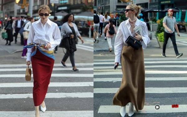 衬衫穿搭攻略!从白衬衫到牛仔衬衫,20大实用搭法+80种穿搭时髦范本,轻松驾驭! 内容图6 新潮社-实时最新热点娱乐时尚美妆等新闻资讯网站! 一名女子示范两款气质穿搭,以白色长袖衬衫搭配米白色和红色丝质长裙,营造温柔知性风格。