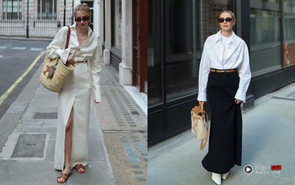 衬衫穿搭攻略!从白衬衫到牛仔衬衫,20大实用搭法+80种穿搭时髦范本,轻松驾驭! 内容图7 新潮社-实时最新热点娱乐时尚美妆等新闻资讯网站! 女子白衬衫穿搭细节,在米白色长裙腰间系上细腰带作为点缀,提升造型精致度。