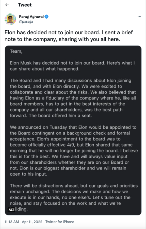 才刚买下股份!Elon Musk 最后决定不加入 Twitter 董事会 内容图2 潮品文-大潮社旗下实时最新热点娱乐时尚数码等新闻资讯网站! 才刚买下股份!Elon Musk 最后决定不加入 Twitter 董事会