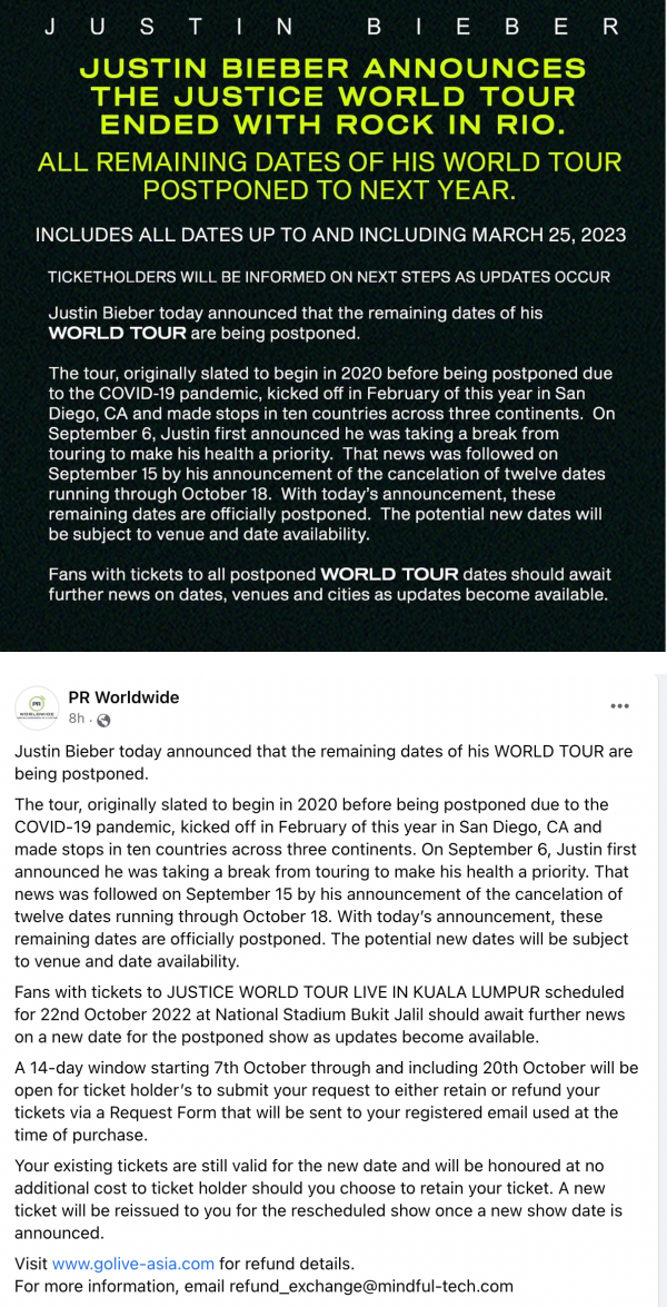 Justin Bieber 世巡演唱会喊停！马来西亚站确定被推迟 娱乐资讯 图2张