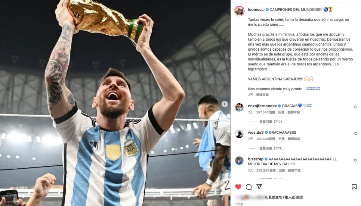 打败去背鸡蛋！梅西的 Instagram 贴文吸引超过 6700 万人按赞 成为目前获得最多赞数的照片