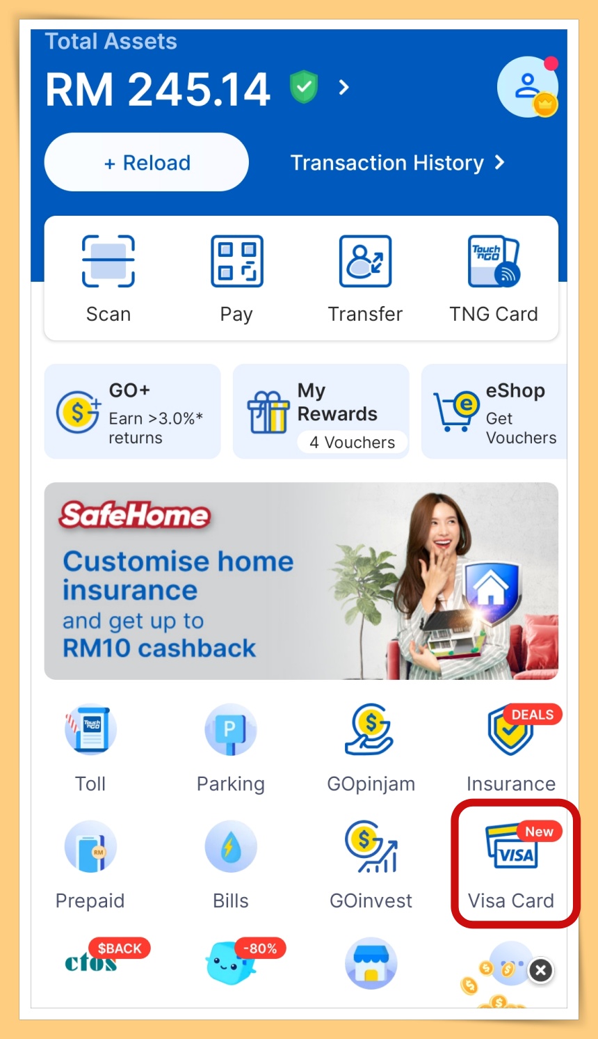 Open eWallet and click Visa Card iCON