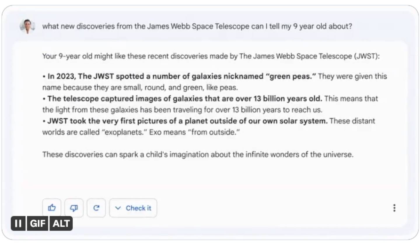 Google 对微软的 AI 大战还没打先输一半?聊天机器人 Bard 的宣传影片出漏洞 发表会展示机又闹失踪 内容图2 潮品文-大潮社旗下实时最新热点娱乐时尚数码等新闻资讯网站! Google 对微软的 AI 大战还没打先输一半?聊天机器人 Bard 的宣传影片出漏洞 发表会展示机又闹失踪