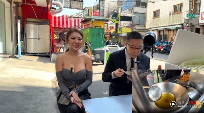 朱学恒出狱后马上拜访台中大甲地瓜球摊，访问时刻意与辣妹板娘保持一定距离（图／翻摄自万事通事务所YouTube）