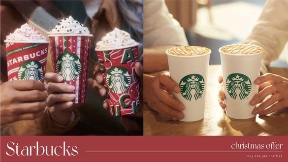星巴克买一送一！星巴克12月圣诞跨年优惠：太妃核果那堤买一送一，限时全饮品买一送一