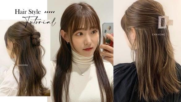 2023韩系中长发/中短发半扎发教学！超简单羽毛丸子头、半头减龄显嫩，这款更是显脸小