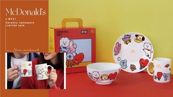 BT21现身麦当劳！麦当劳“BT21陶瓷餐具三件组”终于登场， 马克杯、碗盘限量开卖