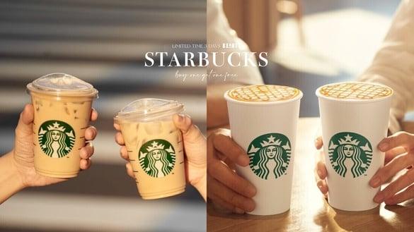 星巴克买一送一！星巴克限时3天买一送一：星冰乐、福吉茶那堤、焦糖玛奇朵皆买一送一