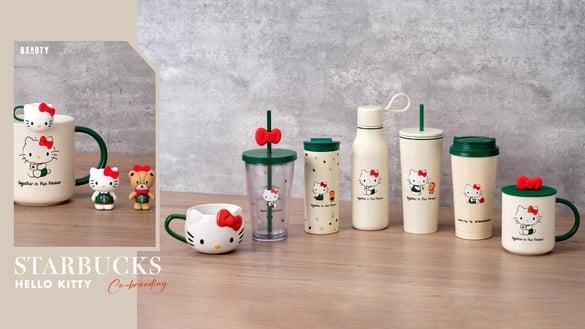 星巴克送Hello Kitty杯缘子！星巴克联名Hello Kitty推马克杯、蝴蝶结水杯、Kitty玩偶