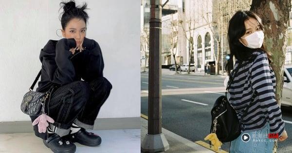 BLACKPINK成员Jisoo包包上挂着粉红色Jellycat经典邦尼兔玩偶生活照