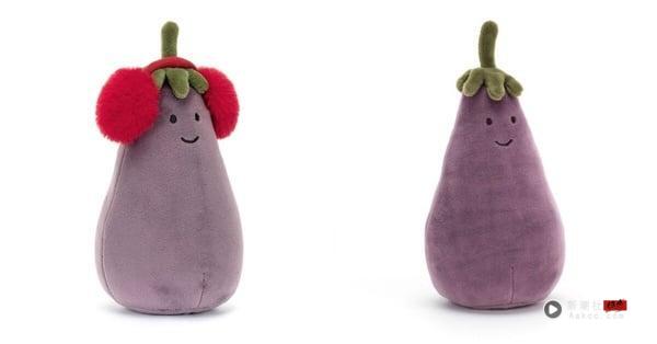 Jellycat的Vivacious Vegetable活泼茄子玩偶，带着快乐微笑的表情，非常疗愈