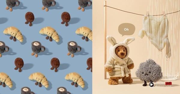 多只不同款式的Jellycat玩偶陈列在一起，展现品牌设计的大胆与创新