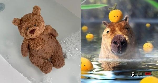 Jellycat玩偶的清洁教学图示，包含温水手洗、轻柔搓揉与阴凉处晾干的步骤