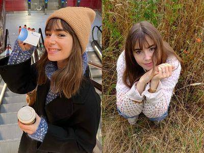 莉莉柯林斯少女感冬天穿搭　毛衣自带可爱滤镜、小白鞋整年都好搭