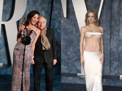 杨紫琼奥斯卡派对换Armani闪片装更美了！跨性别模特儿“羽毛遮胸”