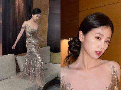 虞书欣大U领闪金礼服性感露锁骨　纸片级直角肩大放送