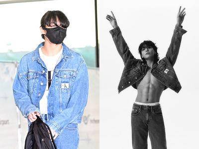 BTS柾国根本人间CK！机场造型“白T＋丹宁外套”成行走发电机帅翻