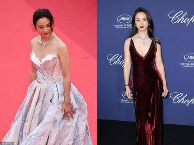 汤唯坎城战袍冰雪渐变礼服超仙！　第二套“酒红深V裙”更性感