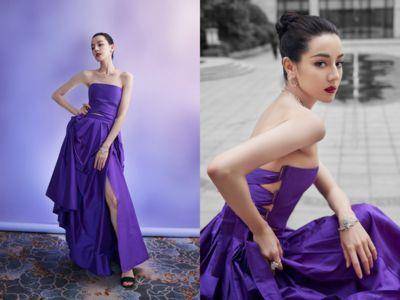 迪丽热巴开高衩大露修长美腿超火辣！紫色礼服穿出女神气场