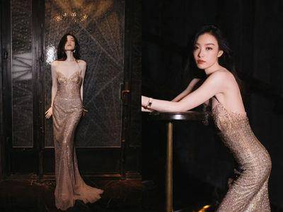 倪妮“美人鱼上岸”裸色战袍封神！　细肩带完美剪裁超魅惑
