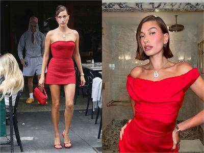 Hailey Bieber火辣上街老公在后方超抢镜！2套全红单色穿搭释放超模气场