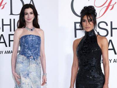 安海瑟薇穿丹宁礼服轻松当最美主持人　金卡戴珊乱发加持性感长袍