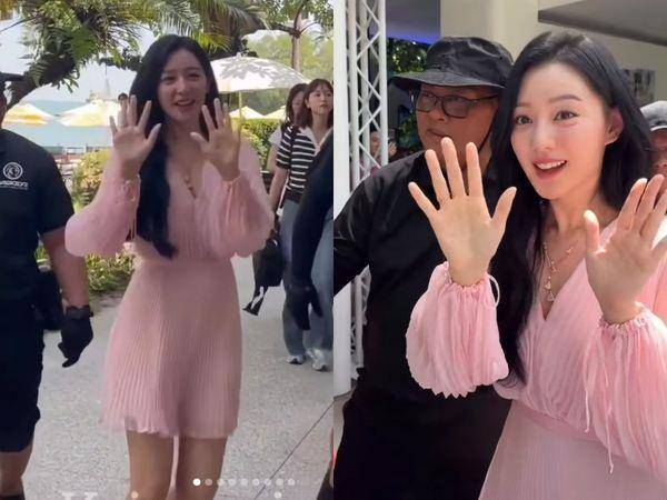 仙女！金智媛粉色百褶裙好温柔　叠搭55万扇形项炼精致出众 时尚穿搭 图1张
