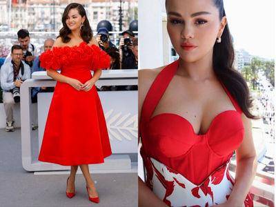赛琳娜丰满身材不藏了　大红洋装施热情魅力