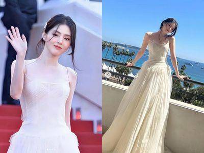 韩韶禧坎城红毯穿白纱礼服如仙女下凡!松弛感发型网友看不懂