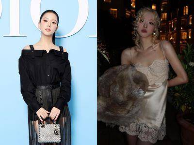 “迪奥小公主”Jisoo流苏皮裤拿水钻包好飒！Rosé金发小卷穿丝绸睡衣看秀