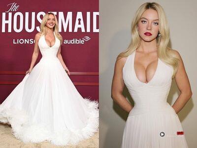 席德妮史威尼白色深V战袍复刻玛丽莲梦露　一句话回击整形传闻